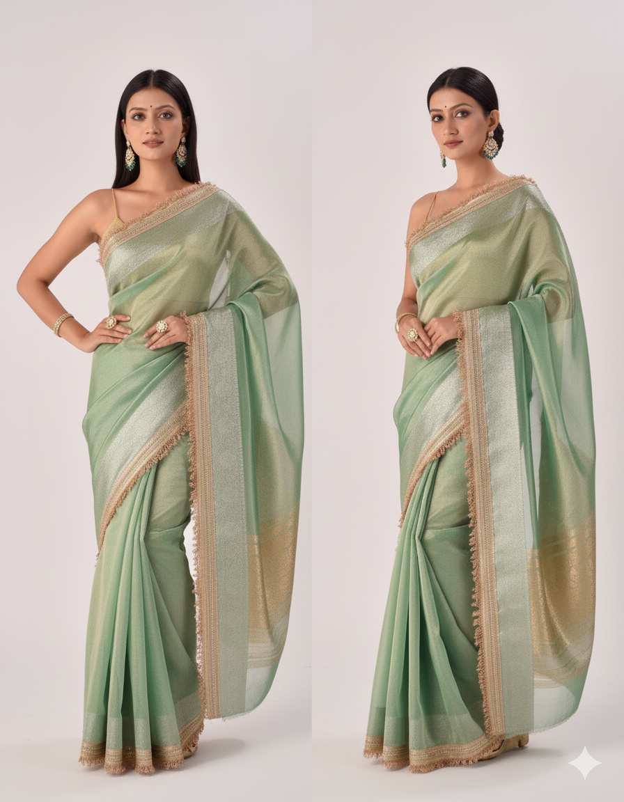 Two women wearing light green sarees with gold borders on a white background