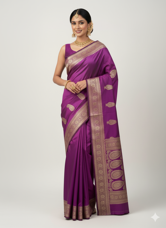 Royal Amethyst Purple Kanjivaram Silk Saree | Heavy Gold Zari Paisley Weave