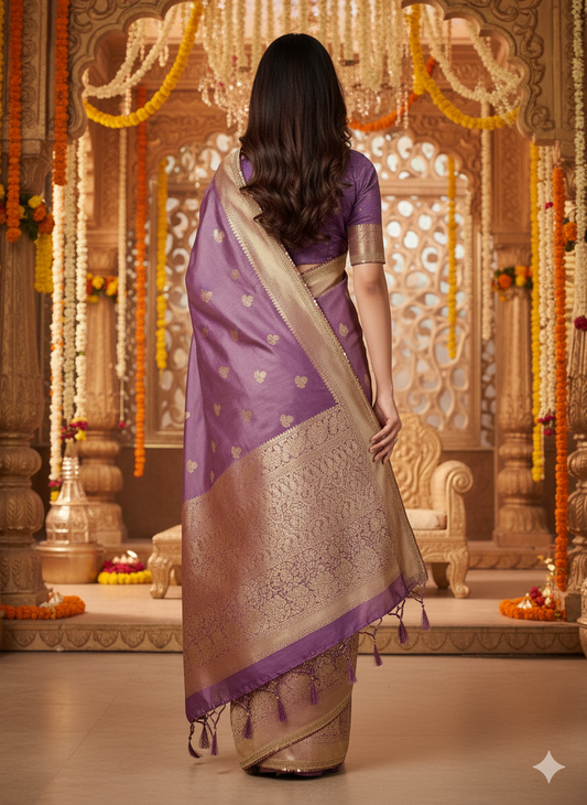 Lavender Silk Saree: Zari Weave & Sequin Border - Wedding/Festive