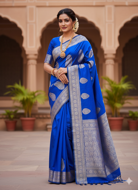 Stunning Royal Blue Silk Saree | Heavy Silver Zari Banarasi Brocade Weave
