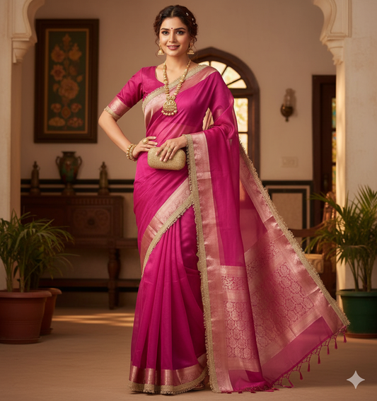 Vibrant Rani Pink Silk Banarasi Saree | Heavy Gold Zari Border for Wedding