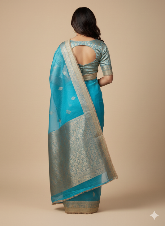 Sky Blue Organza Saree: Zari Weave & Fringe - Festive/Party