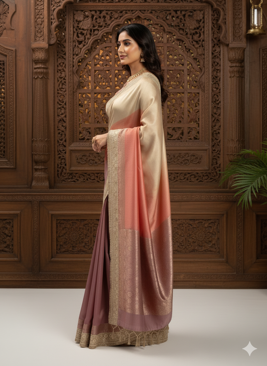 Ombre Silk Saree: Zari Weave & Sequin Border - Wedding/Festive