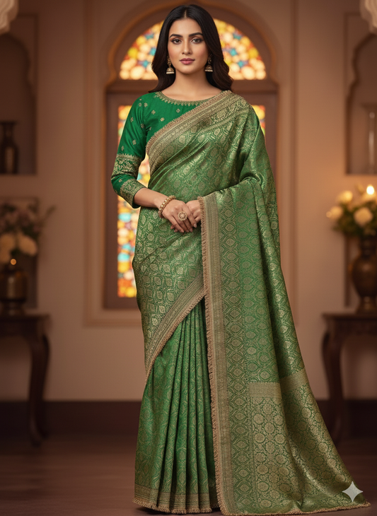 Exquisite Emerald Green Banarasi Silk Saree | All-Over Gold Zari Floral Weave | Royal Wedding Collection
