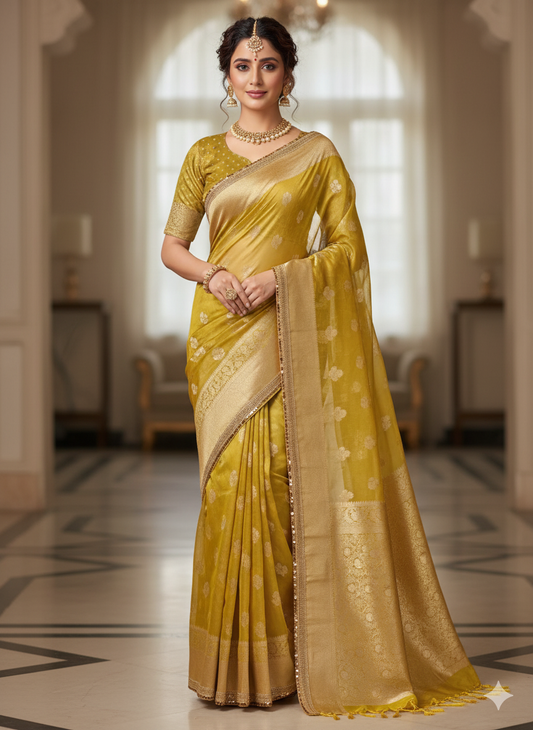 Regal Olive Green Kanjivaram Silk Saree | Gold Zari Floral Weaving | Heavy Pallu Wedding Wear