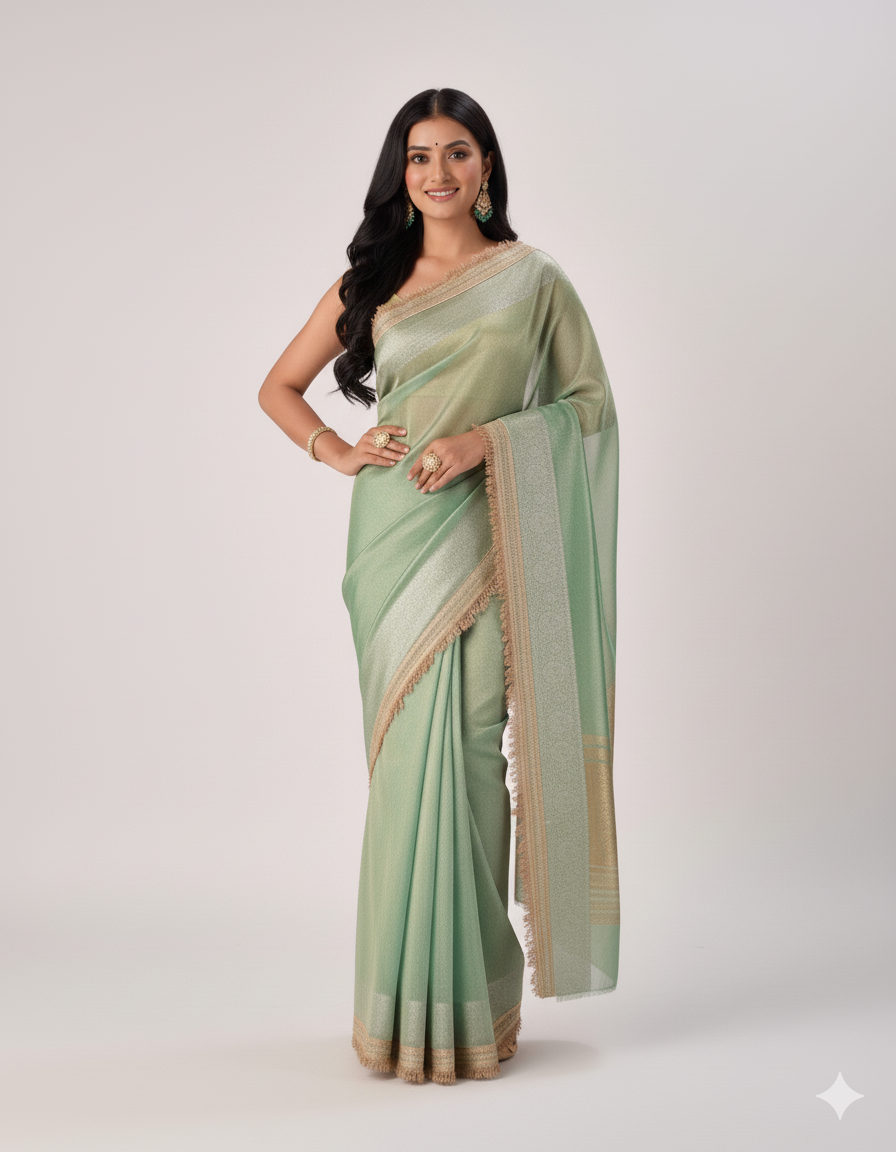 Woman wearing a light green saree with a white background
