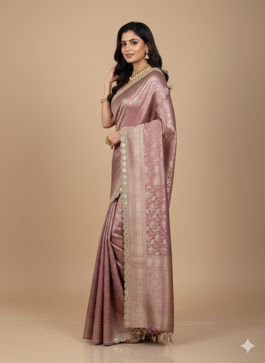 lavender Tissue Brocade Saree | Handcrafted Zari Lace | Festive Wear