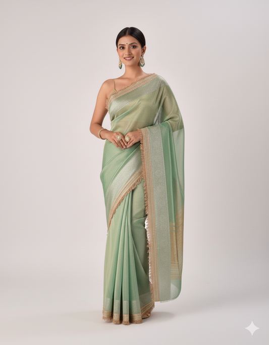 Woman wearing a light green saree with a white background