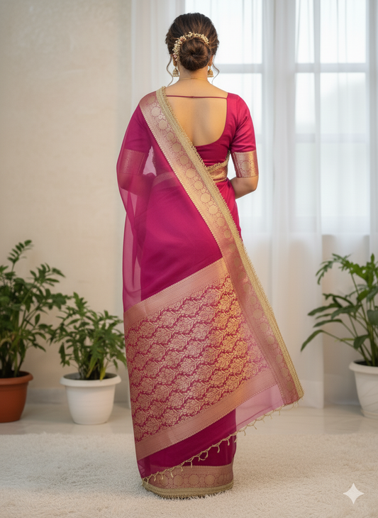 Hot Pink Organza Silk Saree: Grand Zari Border - Festive/Wedding