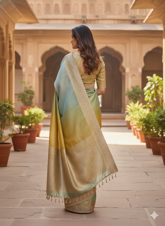 Ombre Shaded Silk Blend Saree with Zari Weave & Sequin Border - Perfect for Weddings & Festivals