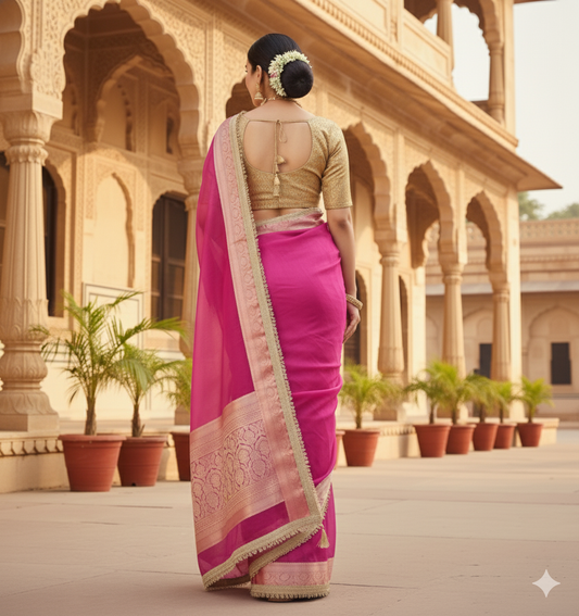 Vibrant Pink Organza Saree: Zari Border & Blouse - Festive