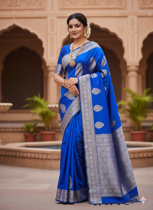 Stunning Royal Blue Silk Saree | Heavy Silver Zari Banarasi Brocade Weave
