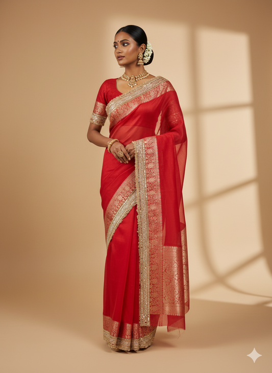 Exquisite Handcrafted Red Bridal Saree with Fancy Zari Lace Borders | Premium Festive Wear