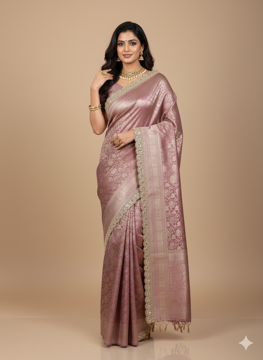 lavender Tissue Brocade Saree | Handcrafted Zari Lace | Festive Wear