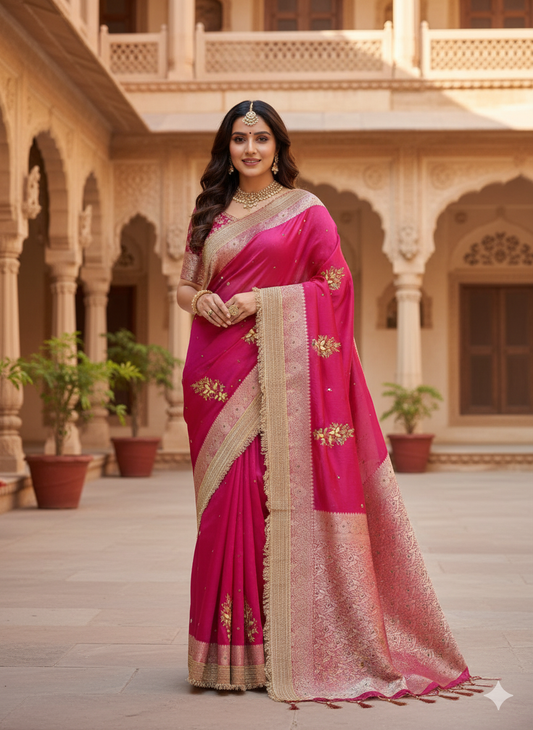Hot Pink Silk Saree: Zari & Floral Embroidery - Wedding/Festive