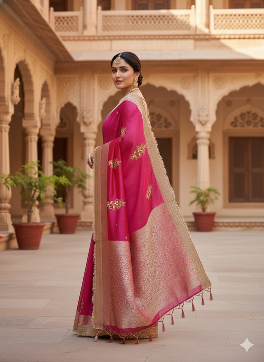 Hot Pink Silk Saree: Zari & Floral Embroidery - Wedding/Festive