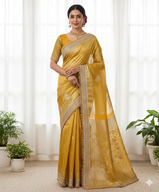 Golden Yellow Organza Silk Saree: Zari & Fringe - Haldi/Festive