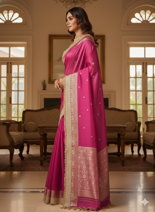 Vibrant Pink Silk Blend Saree: Zari & Fringe - Festive/Wed
