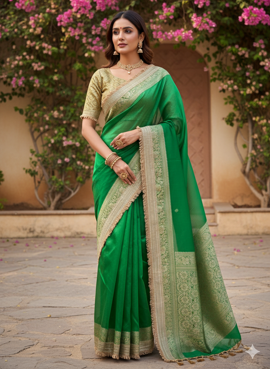 Emerald Green Organza Saree: Zari Weave & Fringe - Festive