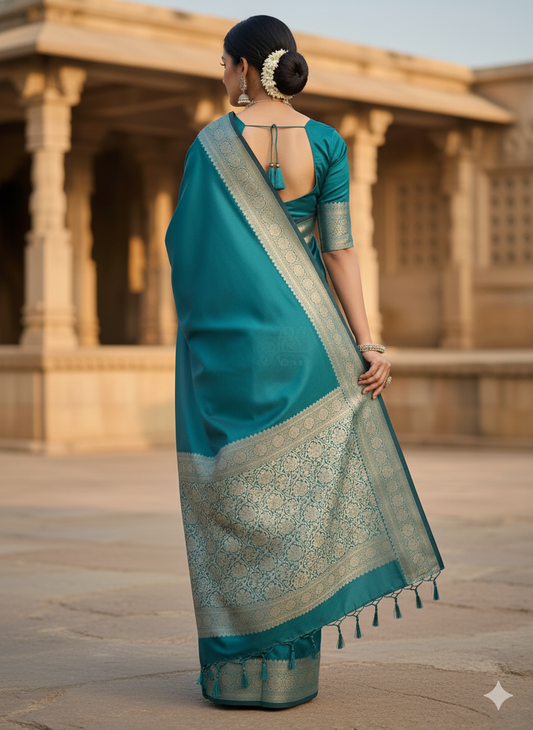 Teal Blue Kanchipuram Silk Saree: Grand Zari Weave - Wedding