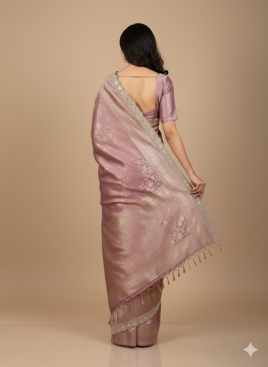 lavender Tissue Brocade Saree | Handcrafted Zari Lace | Festive Wear