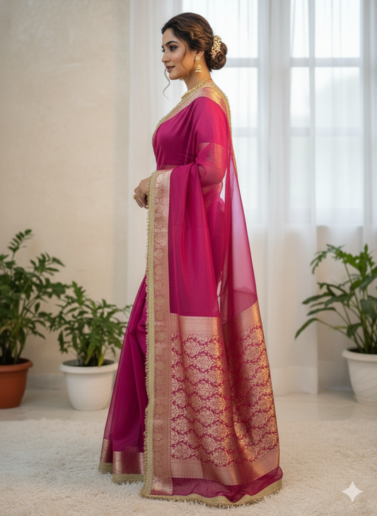 Hot Pink Organza Silk Saree: Grand Zari Border - Festive/Wedding
