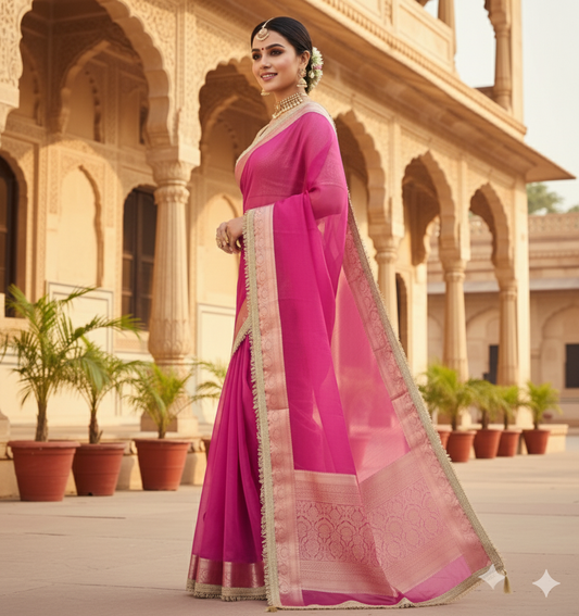 Vibrant Pink Organza Saree: Zari Border & Blouse - Festive