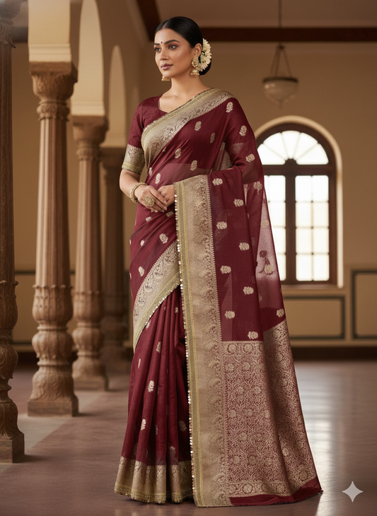 Maroon Silk Saree: Zari Buti & Border - Wedding/Festive Wear
