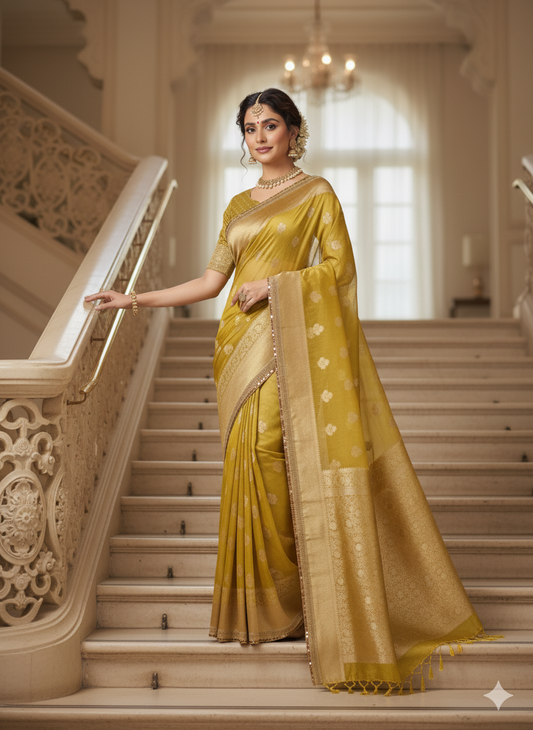 Regal Olive Green Kanjivaram Silk Saree | Gold Zari Floral Weaving | Heavy Pallu Wedding Wear