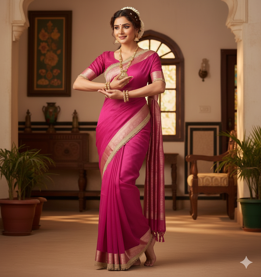 Vibrant Rani Pink Silk Banarasi Saree | Heavy Gold Zari Border for Wedding