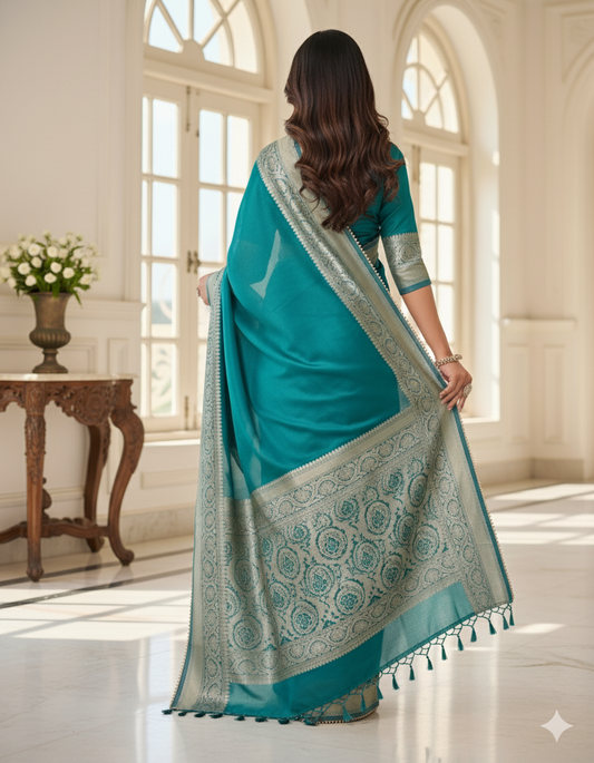 Teal Green Silk Blend Saree: Zari Border & Fringe - Festive