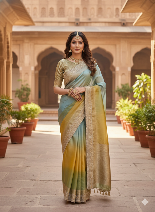 Ombre Shaded Silk Blend Saree with Zari Weave & Sequin Border - Perfect for Weddings & Festivals