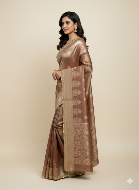 Rose Gold Organza Saree: Zari & Sequin Border - Festive/Party
