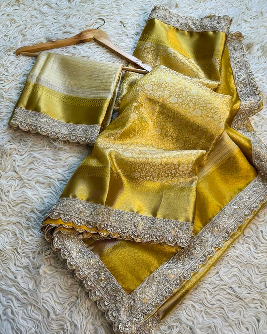 Wedding & Festive Wear Luxury Banarasi Saree in Yellow – Pure Silk with Zari Border