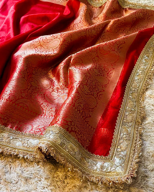 Luxury Banarasi Saree in Red & Blue – Pure Silk with Zari Border | Wedding & Festive Wear