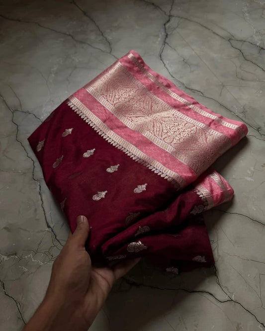 Maroon Silk Saree with Butti Work & Contrast Brocade Border