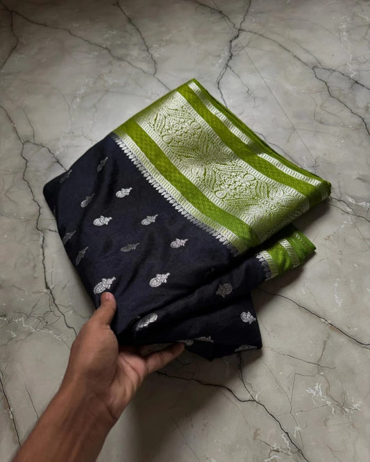 Elegant Dark Blue Saree with Silver Butti & Light Green Brocade Border