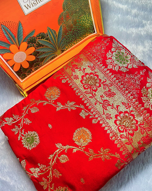 Delicate Red Silk Saree with All-Over Gold Brocade Weaving