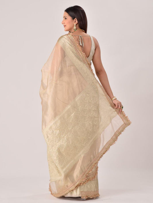 Beige Organza Silk Saree: Zari Weave & Fringe - Wedding/Party