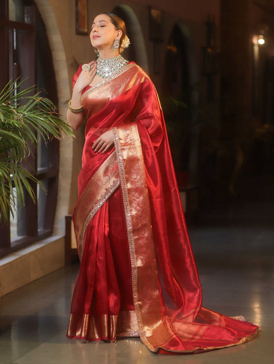 Classic Red Organza Silk Saree with Luxurious Golden Banarasi Zari Border | Bridal & Festive Wear