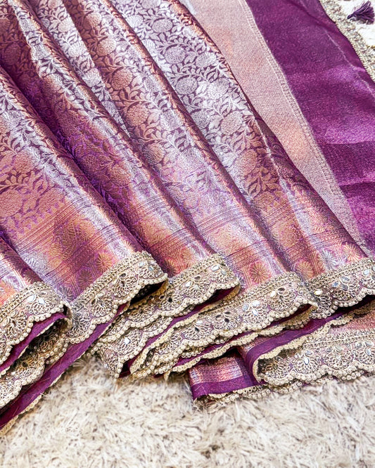 Magenta Banarasi Silk Saree with Zari Weave & Mirror Work Border | Bridal & Party Wear Saree