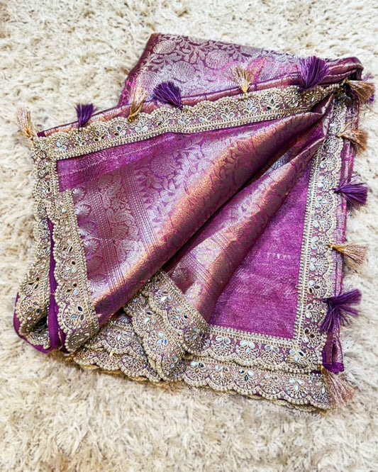 Magenta Banarasi Silk Saree with Zari Weave & Mirror Work Border | Bridal & Party Wear Saree