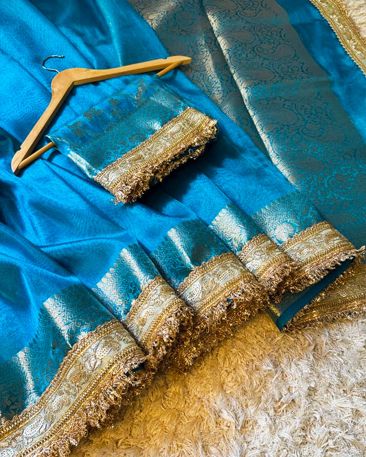 Luxury Banarasi Saree in Red & Blue – Pure Silk with Zari Border | Wedding & Festive Wear