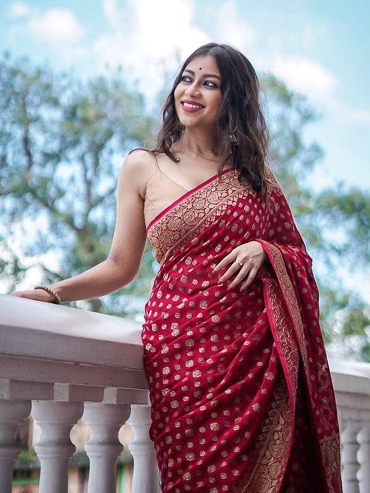 Red Raw Mango Chiffon Saree | Zari Weaving | Exclusive Ethnic