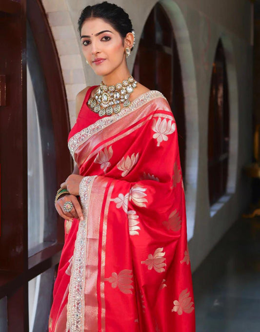 Opulent Ruby Red Banarasi Silk Saree with Gold & Silver Zari Lotus Motifs