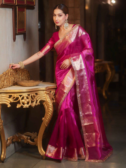 Banarasi Rani Pink Organza Silk Saree with Zari Work
